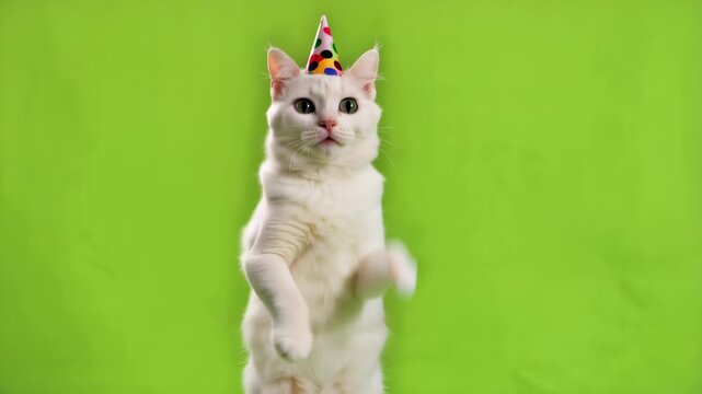 Playful White Cat with Big Eyes on Green Screen