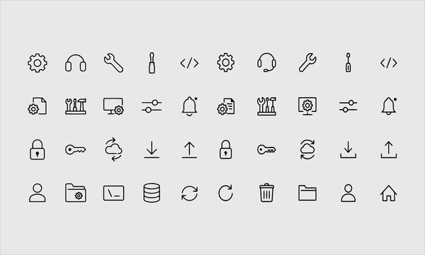 Settings line icon set. Cogwheel, support, wrench, screwdriver, development, config, toolbar, setup minimal vector illustrations. 