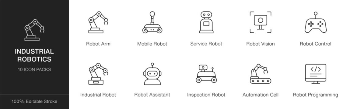 Industrial Robotics outline icon set for technology and automation concepts vector illustration