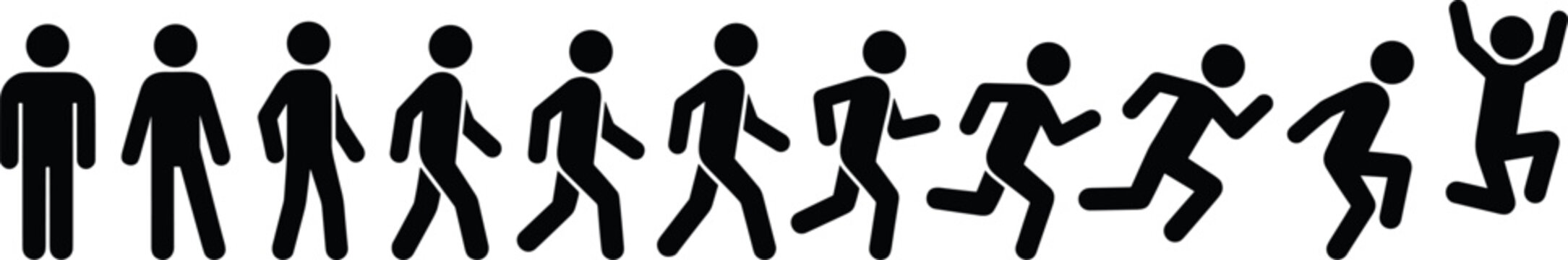 Human Motion Sequence Pictogram Vector Set Showing Stick Figure Man Standing Walking Running Sprinting and Jumping For Animation Progression Graphics