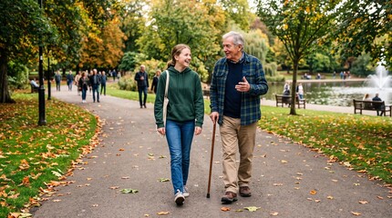 Obraz premium Grandfather and granddaughter walking and talking happily in a park during autumn with fallen leaves on the ground