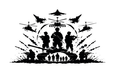 Fototapeta premium Military forces in silhouette with aircraft, tank, and soldiers in action