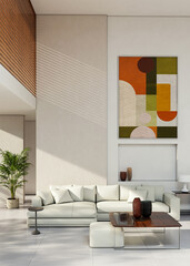 Fototapeta premium 3D render, illustration Fan Ventilation Large Luxury modern living room interior, brutalist architecture realistic lighting, Graphic Overlay wide angle, contemporary furniture, clean lines, minimal