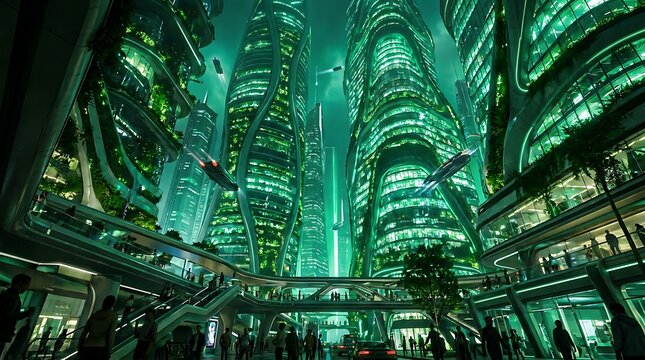 Futuristic cyberpunk city street with towering skyscrapers and glowing green neon lights in a dark night atmosphere