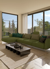 Fototapeta premium 3D render, illustration Fan Ventilation Large Luxury modern living room interior, brutalist architecture realistic lighting, Graphic Overlay wide angle, contemporary furniture, clean lines, minimal