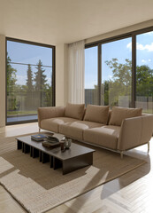 Fototapeta premium 3D render, illustration Fan Ventilation Large Luxury modern living room interior, brutalist architecture realistic lighting, Graphic Overlay wide angle, contemporary furniture, clean lines, minimal