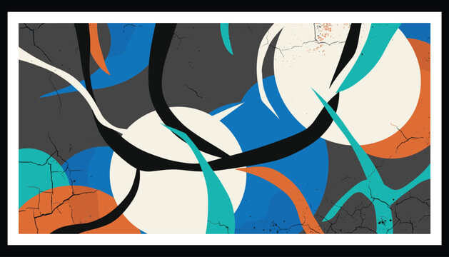 Abstract contemporary art poster with bold intersecting curves circles and colorful organic shapes inside white frame.
