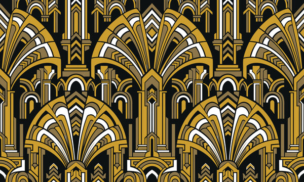 Art Deco seamless pattern with gold fan motifs, vintage 1920s geometric background, luxury Gatsby style vector wallpaper