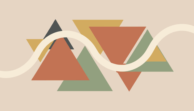 Abstract geometric pattern with colorful overlapping triangles and soft wavy cream line on beige background.