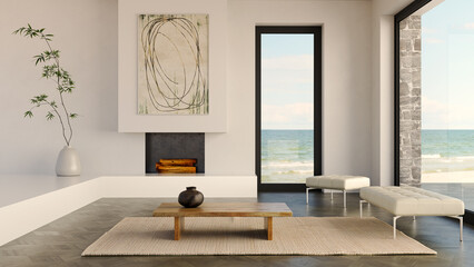 Fototapeta premium 3D render, illustration Fan Ventilation Large Luxury modern living room interior, brutalist architecture realistic lighting, Graphic Overlay wide angle, contemporary furniture, clean lines, minimal
