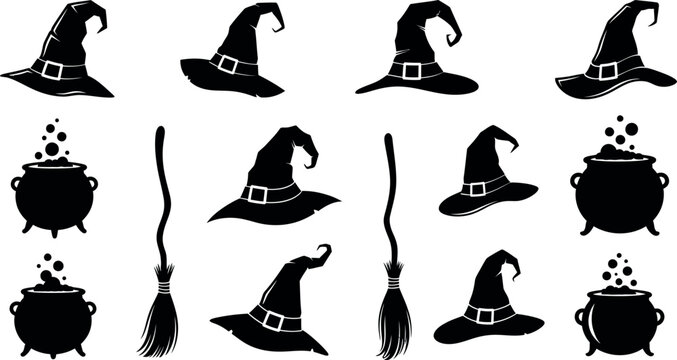Halloween witch silhouette icons set, black wizard hats and magic cauldrons, 14 vector elements for spooky party decor