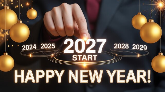 Happy new year 2027 celebration with golden baubles and fist bump