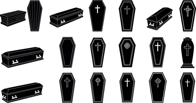 Black coffin icon set, 16 funeral casket vector silhouettes with crosses, gothic burial symbols for mourning and halloween