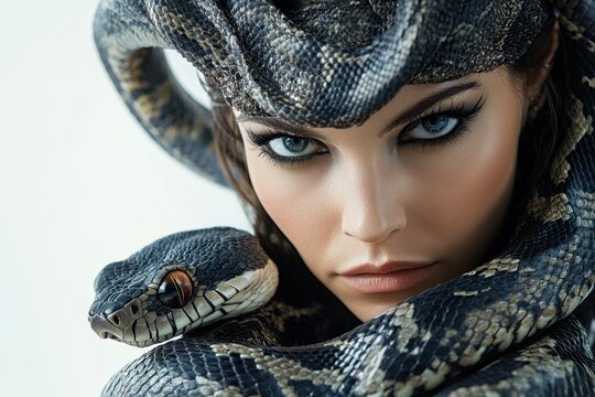 a woman with a snake on a white background . The snake character of a woman