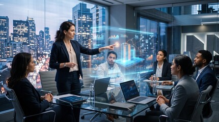 Obraz premium Business team in modern office looking at holographic projection of building and data charts