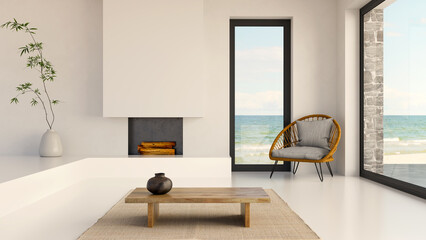 Fototapeta premium 3D render, illustration Fan Ventilation Large Luxury modern living room interior, brutalist architecture realistic lighting, Graphic Overlay wide angle, contemporary furniture, clean lines, minimal