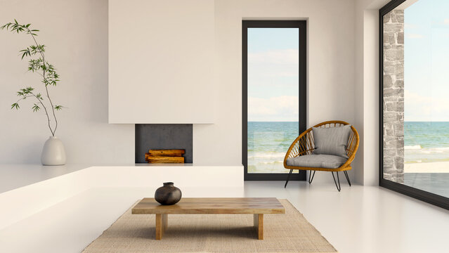 3D render, illustration  Fan Ventilation Large Luxury modern living room interior,  brutalist architecture realistic lighting,  Graphic Overlay wide angle, contemporary furniture, clean lines, minimal