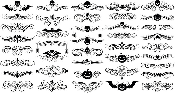 Gothic Halloween dividers set, 35 spooky filigree vector borders. Vintage skull and bat flourishes, ornate black scrollwork for invitations.