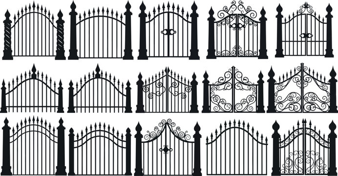 Wrought iron gate collection, vintage metal fence silhouettes. Ornate steel entrance doors, 15 decorative garden gate vector icons.