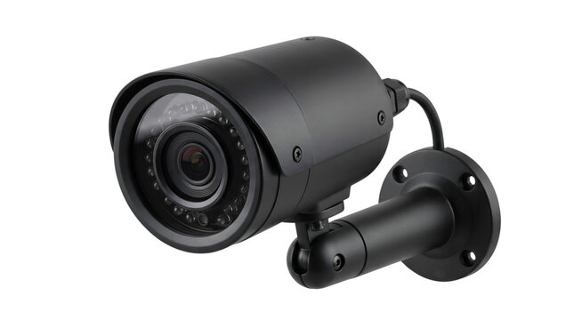 Black Security Camera CCTV Bullet Camera Isolated on Black Background Modern Surveillance System for Safety, Protection, and Monitoring