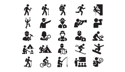 Fototapeta premium Set of black outdoor activity and sports icon collection on white background