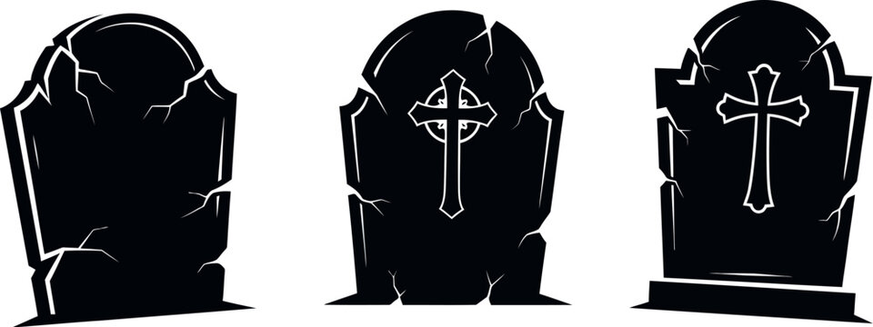 Spooky Halloween gravestone silhouettes, cracked stone tombstone vector set, 3 cemetery headstone icons with crosses