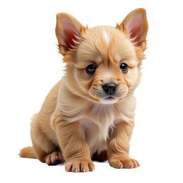 A small brown dog sitting on the floor, possibly waiting for attention or playing