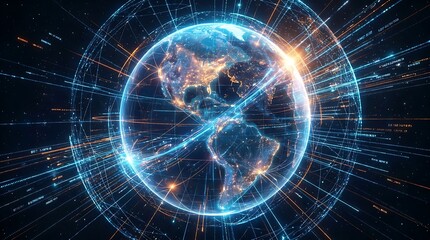 Fototapeta premium Digital earth globe surrounded by glowing data streams and futuristic network connections in deep space background