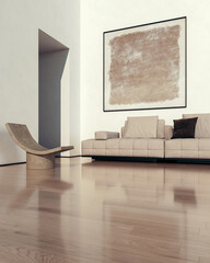 Fototapeta premium 3D render, illustration Fan Ventilation Large Luxury modern living room interior, brutalist architecture realistic lighting, Graphic Overlay wide angle, contemporary furniture, clean lines, minimal