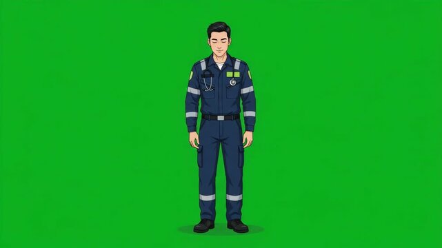 Full body illustration of a male paramedic in uniform standing on a green screen background, ready for medical emergencies.