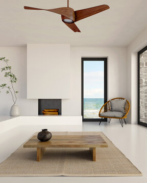 3D render, illustration  Fan Ventilation Large Luxury modern living room interior,  brutalist architecture realistic lighting,  Graphic Overlay wide angle, contemporary furniture, clean lines, minimal