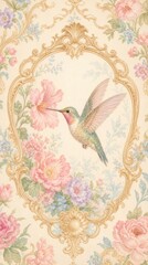 Obraz premium Vintage floral wallpaper with a hummingbird. Elegant floral design, ornate floral patterns.