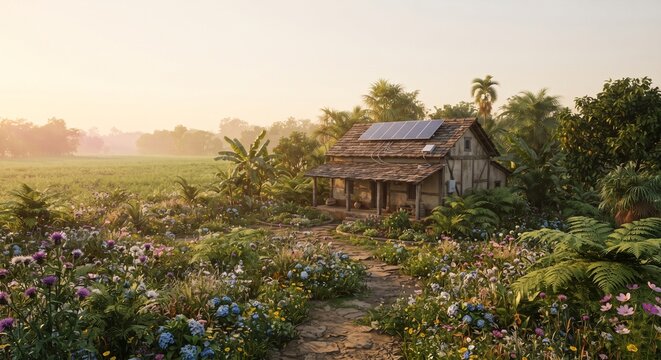 Rural cottage with solar panels and wildflower garden at sunrise