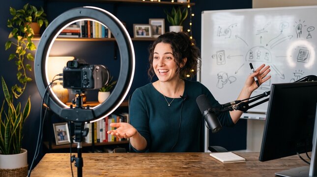 Woman recording online content with ring light camera and microphone in home studio setup