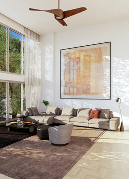 3D render, illustration  Fan Ventilation Large Luxury modern living room interior,  brutalist architecture realistic lighting,  Graphic Overlay wide angle, contemporary furniture, clean lines, minimal