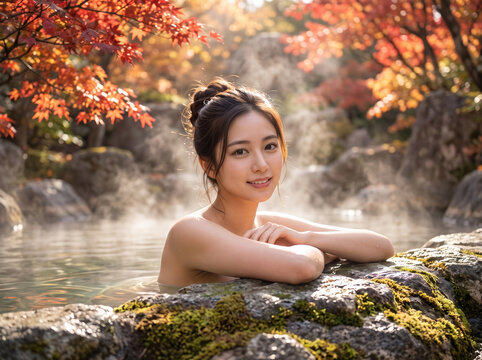 紅葉の露天風呂で岩に肘を置き微笑む女性