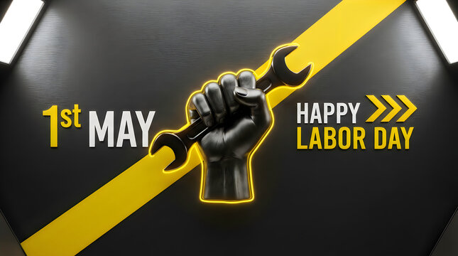 Happy labor day banner with a fist holding a wrench on a dark background for may 1st celebration