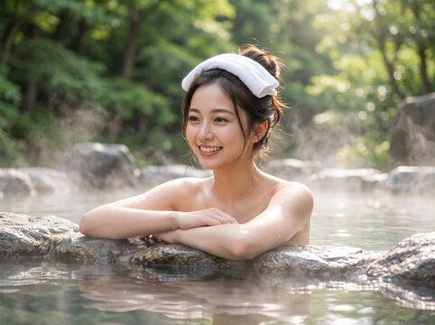 森林の湯船で木漏れ日を浴びながら寛ぐ微笑みのレディ