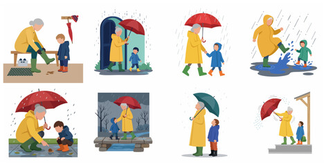 Fototapeta premium Grandmother and Grandson Enjoying Rainy Day Activities Illustration Set
