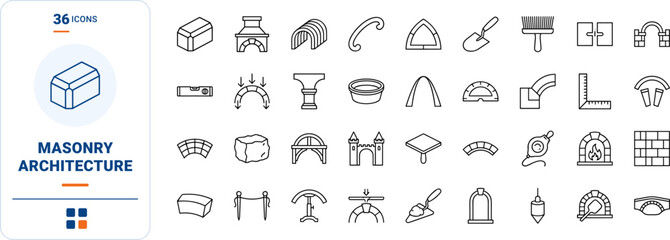 Fototapeta premium Stone Arch line icon set. Vector pictograms of architecture, masonry, construction, and craft elements, thin linear illustration.