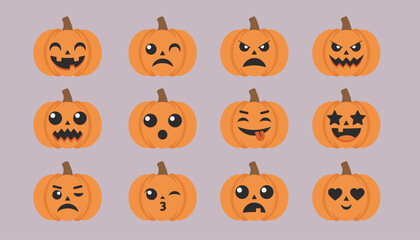Fototapeta premium Set of twelve cute halloween pumpkin emojis with various funny facial expressions displayed on a solid purple background.