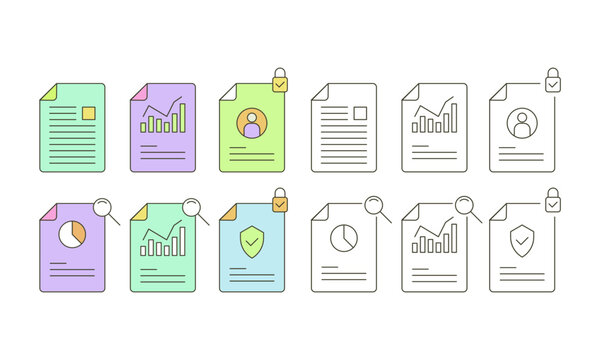 Document icon set for business report data analysis and file management