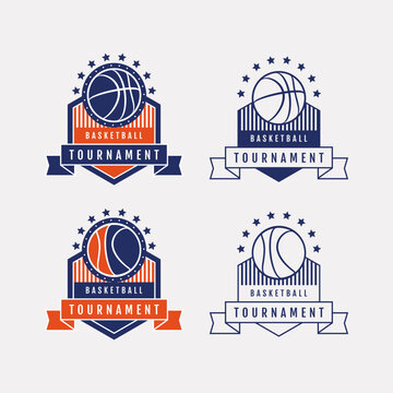 Sport emblem basketball league tournament badges with stars and ribbons