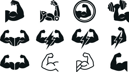 Naklejka premium Strong Muscle Arm Silhouette Icon Set Featuring Biceps Flexing, Dumbbell Weightlifting, Robotic Cybernetic Arm, and Lightning Bolt Power Energy Vector Illustrations
