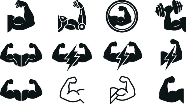 Strong Muscle Arm Silhouette Icon Set Featuring Biceps Flexing, Dumbbell Weightlifting, Robotic Cybernetic Arm, and Lightning Bolt Power Energy Vector Illustrations