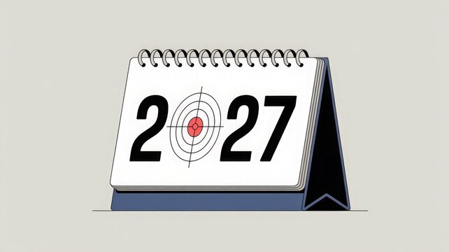Modern calendar stand showing year 2027 with target design