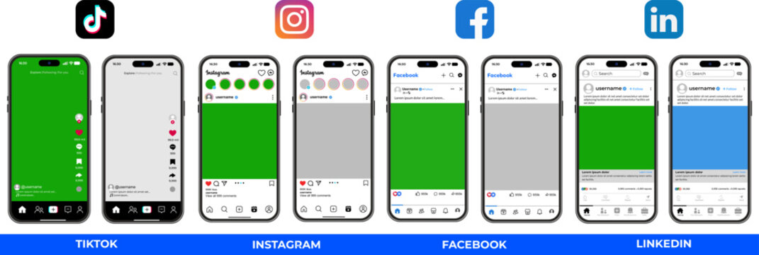 TikTok and Instagram mobile mockups, Cell phone social media screens, Mobile app design templates