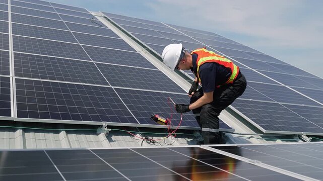 Technician installing solar panels on factory roof for green energy. A skilled technician in safety gear is working on a solar panel installation on rooftop. clean energy renewable power technology.