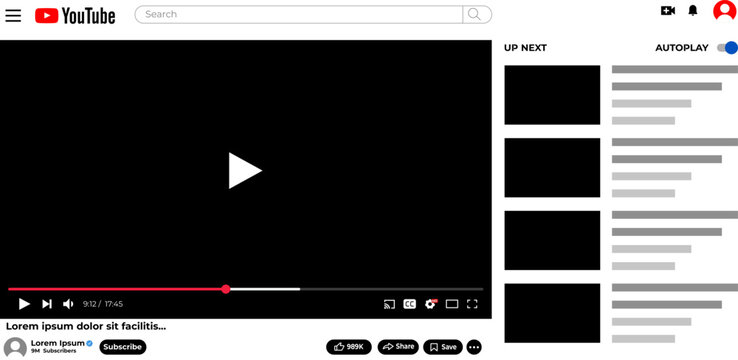 YouTube video player mockup, Desktop streaming website layout, Online video platform template