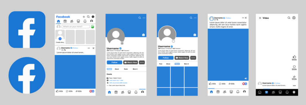 Facebook brand assets and interface screens displaying profile and feed layouts tailored for the Facebook platform across mobile views